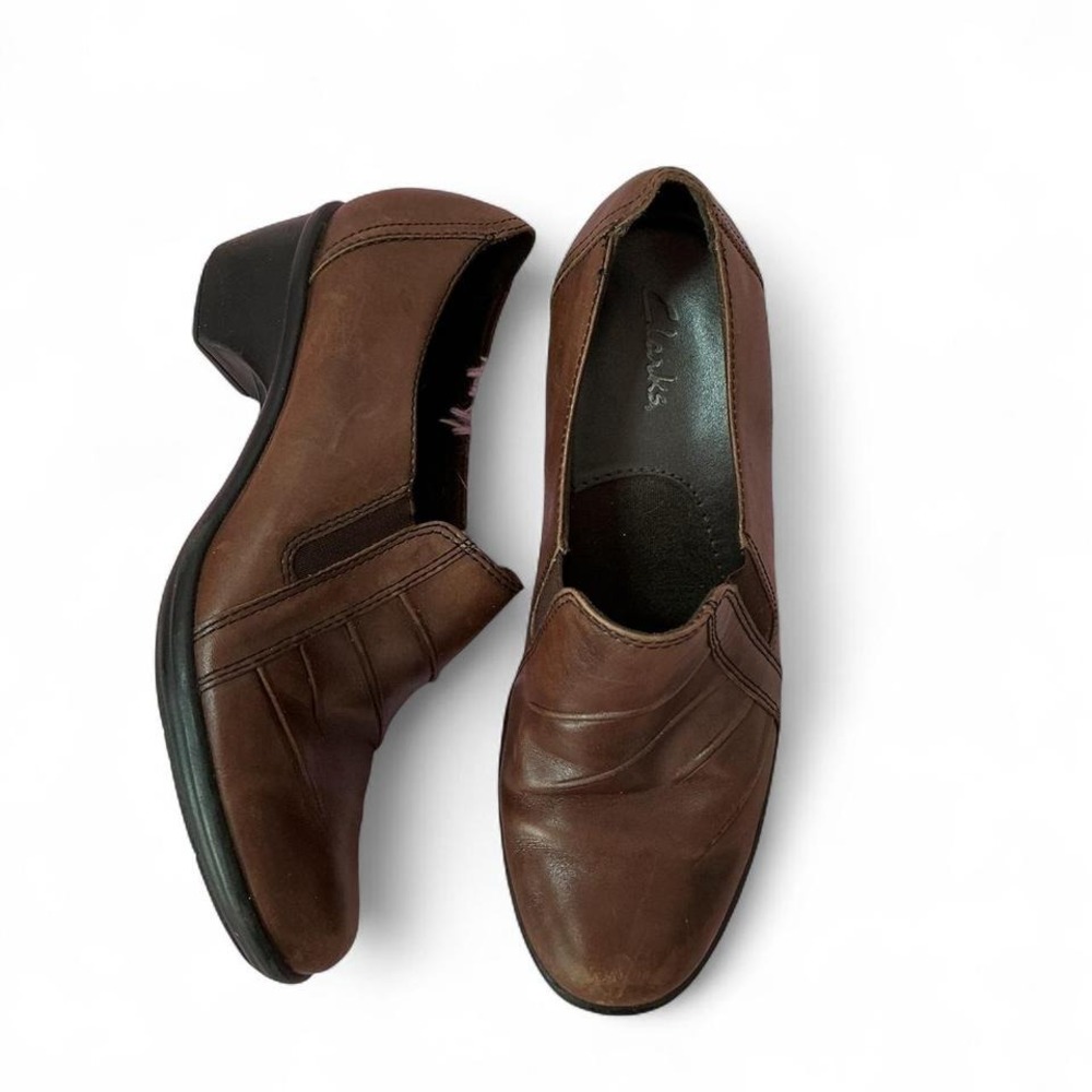 Clarks Brown Leather Slip On Loafers Comfort Casual‎ Heeled Shoes